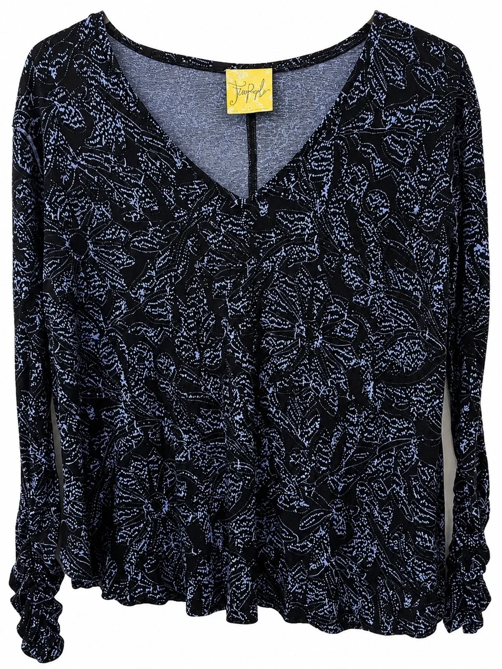 Free People High Low Split Back Top Size Small Black Blue Floral